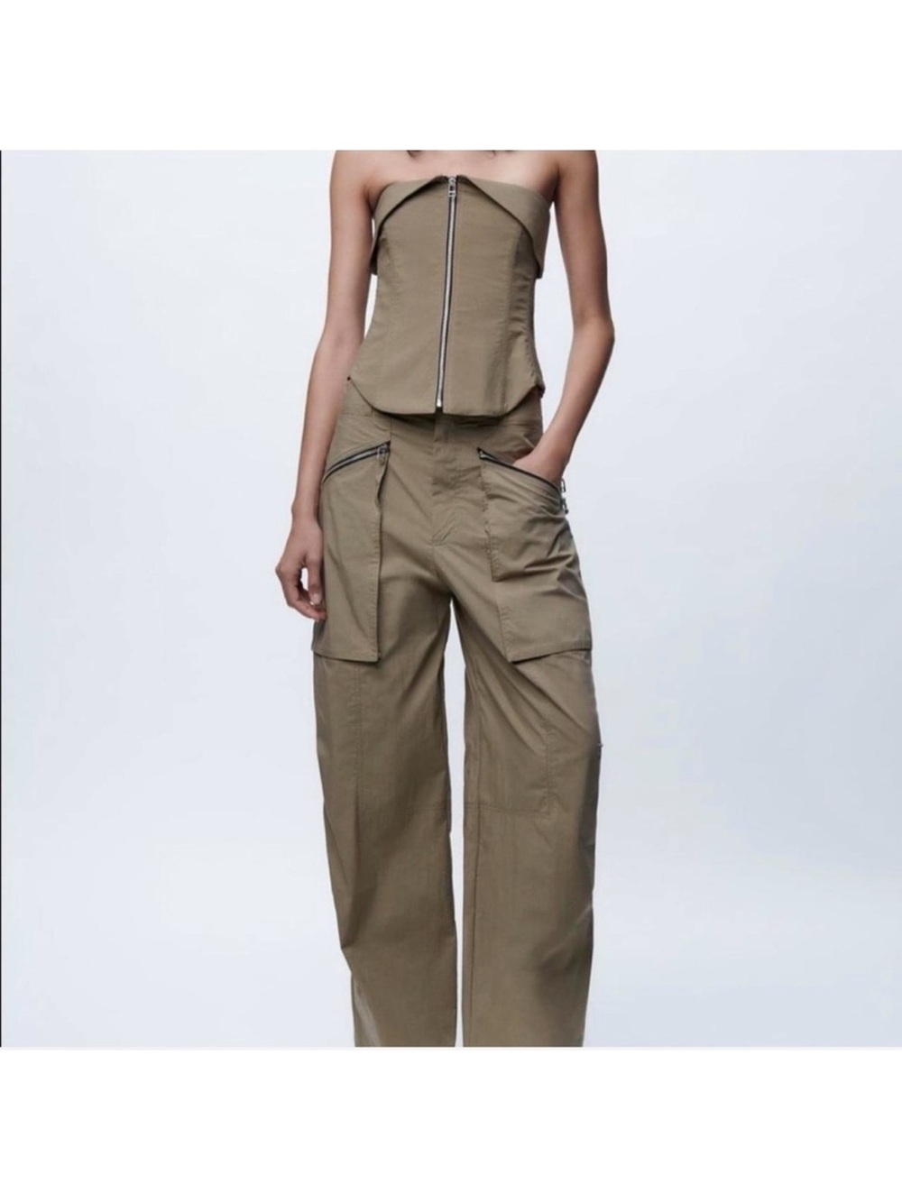 ZARA - Khaki Zippered Corset & Pants Set - Picture 3 of 3
